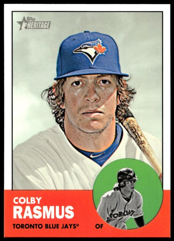 Front of 2012 Colby Rasmus Topps Heritage Card #H644 Showing Dynamic Pose.