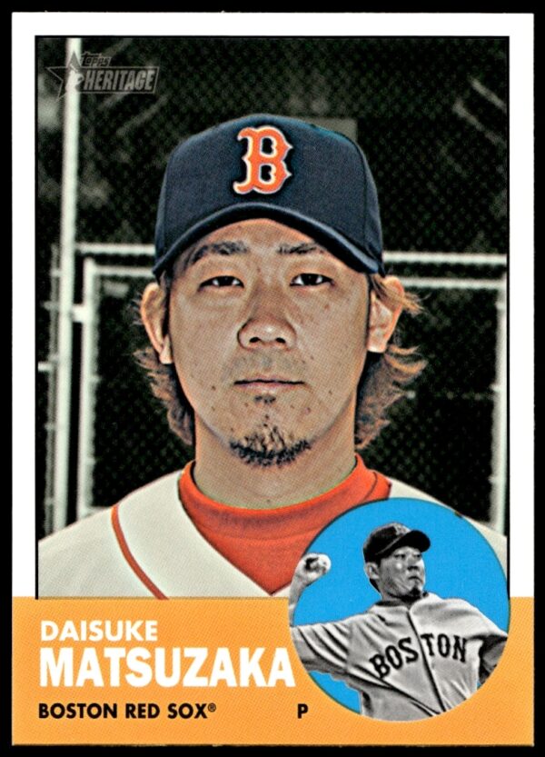 Daisuke Matsuzaka 2012 Topps Heritage card, Red Sox pitching stance, #H637 collectible.