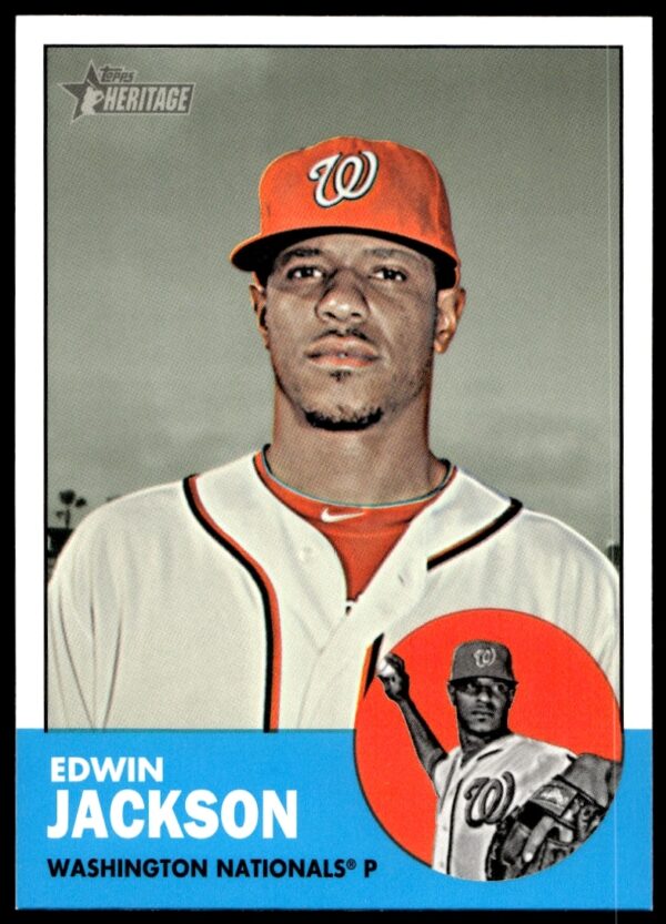 Front view of Edwin Jacksons 2012 Topps Heritage baseball card, number H654, in pitching stance.