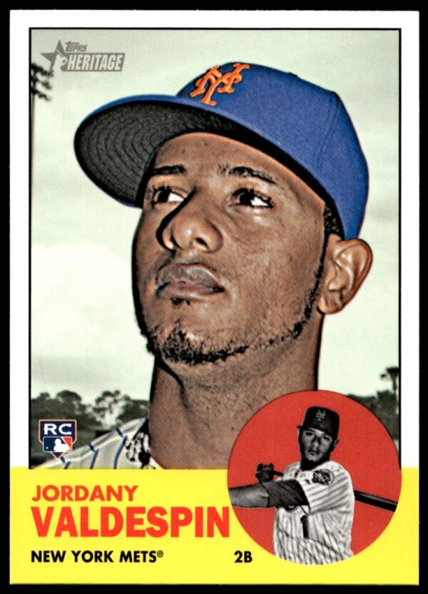 2012 Topps Heritage Jordany Valdespin Rookie Card #H641 in Mets uniform, vintage design.