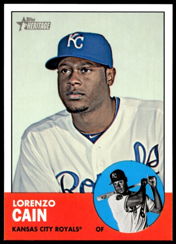 Lorenzo Cain 2012 Topps Heritage #H626 card with vintage design and team details.