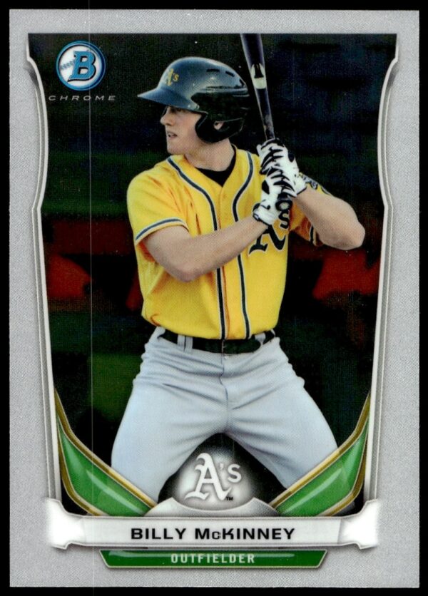 Front view of 2014 Bowman Chrome card featuring baseball prospect Billy McKinney, #BCP21.