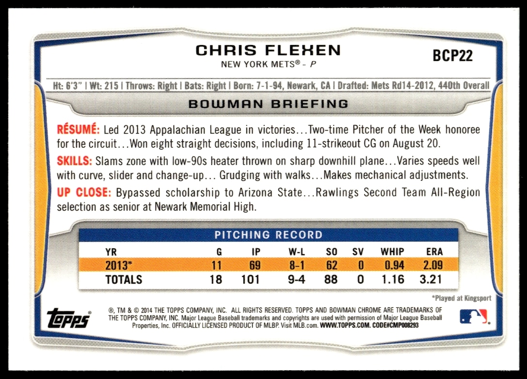 Back of Chris Flexen 2014 Bowman Chrome card with stats and bio.