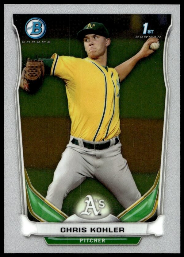 Chris Kohler pitching, 2014 Bowman Chrome Prospects card, athletics gear, #BCP103.