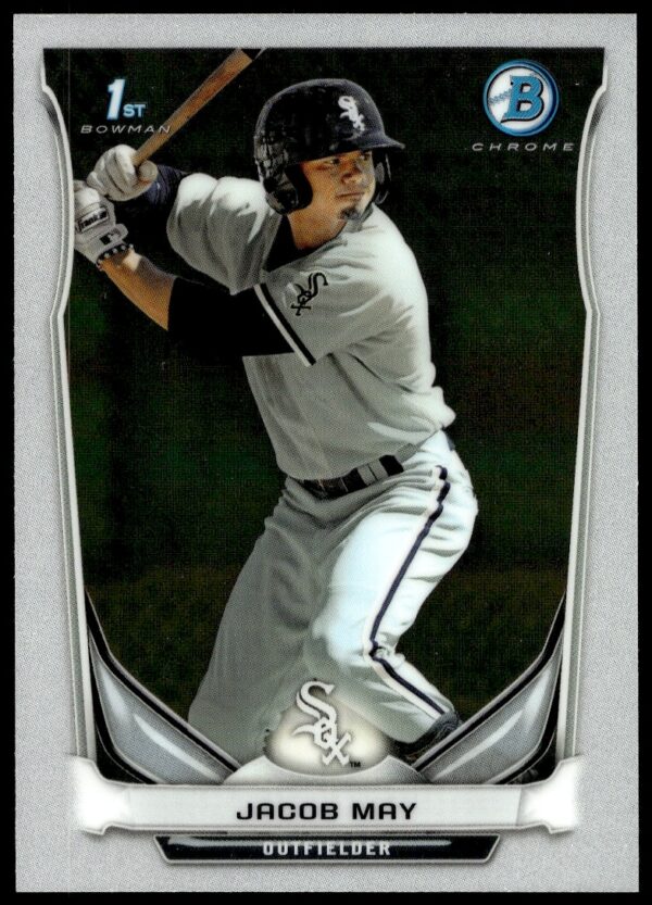 Jacob May 2014 Bowman Chrome Prospects BCP3 card: Dynamic baseball action scene.
