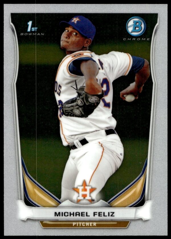 2014 Bowman Chrome Michael Feliz Rookie Card #BCP45, showcasing his prospect phase mid-action.