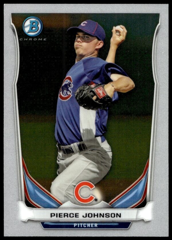 Pierce Johnson 2014 Bowman Chrome Card #BCP24, Cubs Uniform, Pitching Pose.