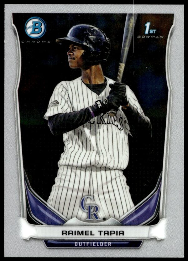 Raimel Tapia 2014 Bowman Chrome Baseball Card #BCP27 showing him in a batting stance.