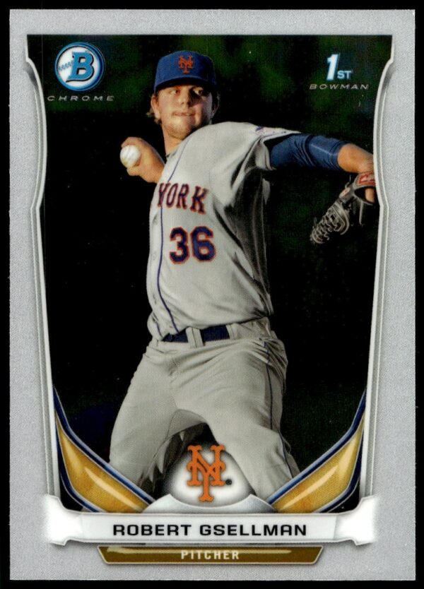Robert Gsellman 2014 Bowman Chrome Mets Rookie Card BCP75, with pitching stance in focus.
