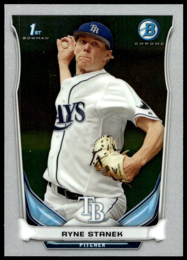 Ryne Stanek 2014 Bowman Chrome card #BCP84, pitching stance, glossy finish, baseball collectible.