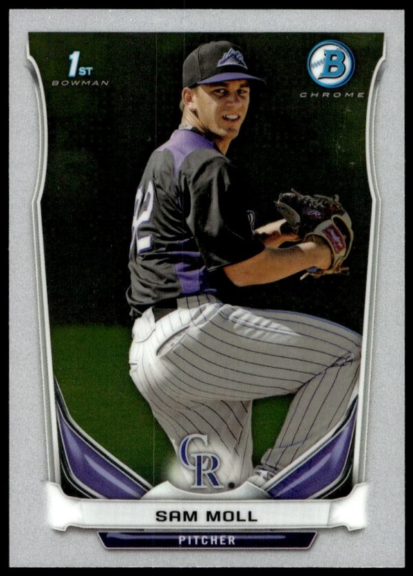Pitcher Sam Moll on 2014 Bowman Chrome card #BCP39, showcasing skills in action.