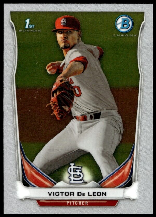 Front of 2014 Bowman Chrome Rookie Card featuring Victor De Leon in action, #BCP101.