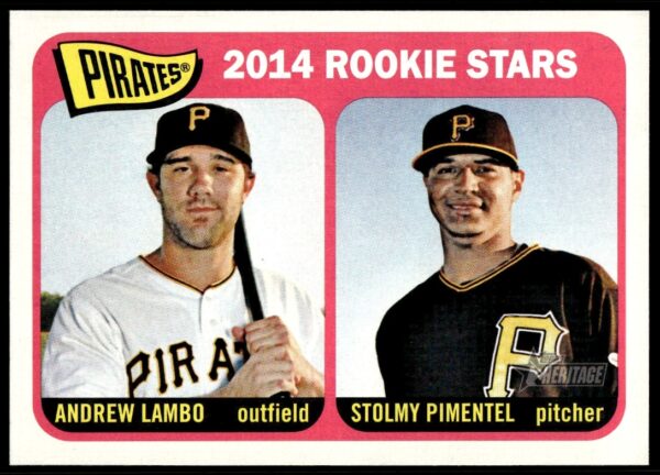 2014 Pirates Rookie Stars card: Andrew Lambo and Stolmy Pimentel, vintage red border.