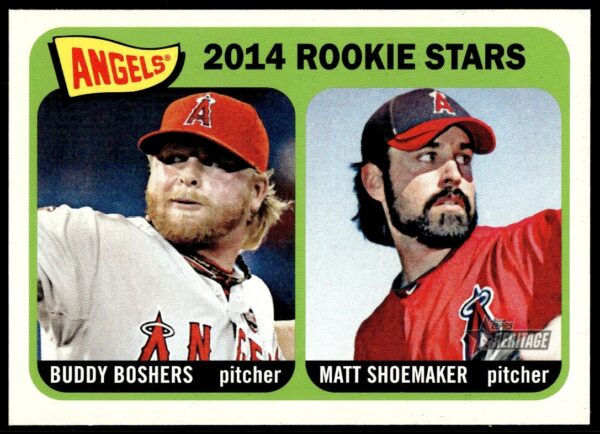 2014 Angels Rookie Card featuring Buddy Boshers and Matt Shoemaker, pitchers, classic design.