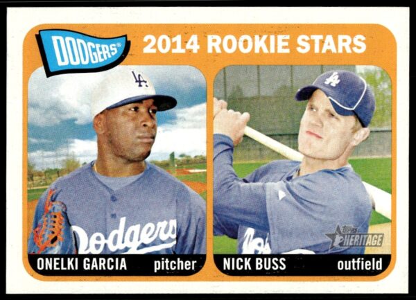 2014 Topps Heritage card featuring Dodgers rookies Onelki Garcia and Nick Buss.