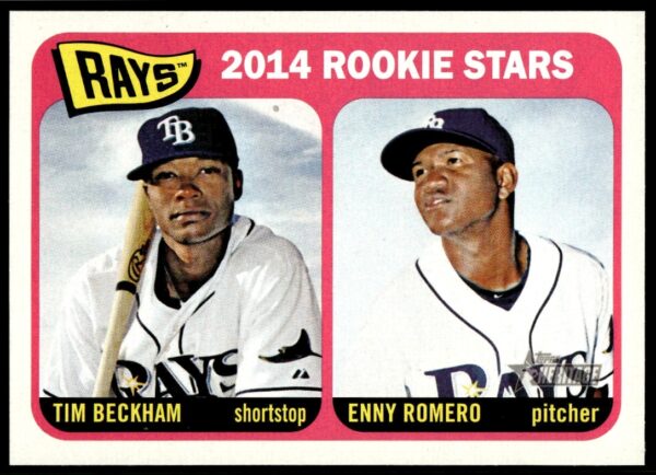2014 Topps Heritage card featuring Rays rookies Tim Beckham and Enny Romero.