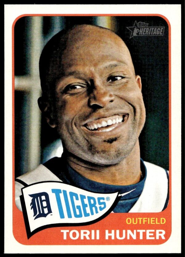 Retro-style Torii Hunter Detroit Tigers card with smiling portrait, 2014 Topps Heritage edition.