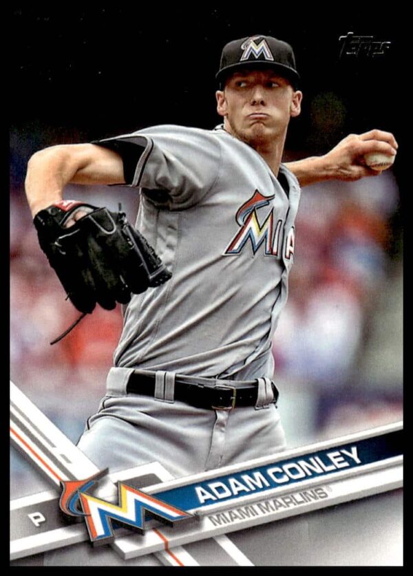 Adam Conley Miami Marlins 2017 Topps Baseball Card #163, action pitching shot.