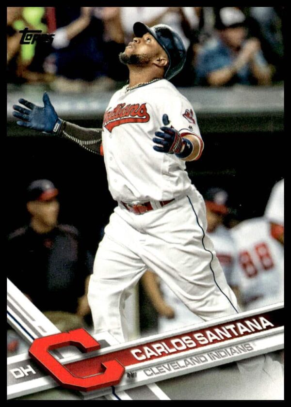 Carlos Santana swinging in Cleveland Indians uniform on 2017 Topps Series 1 baseball card.