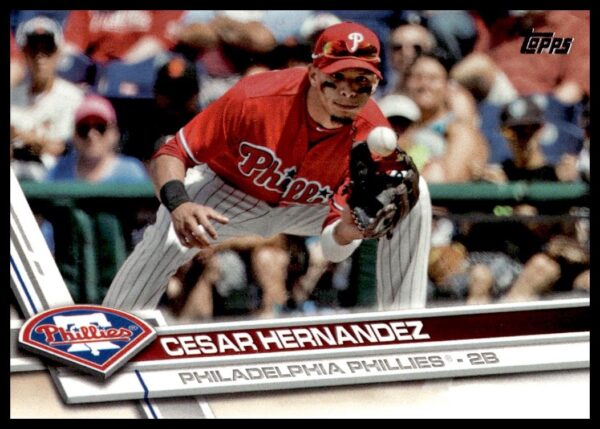 Cesar Hernandez 2017 Topps card #222, Phillies uniform, poised to hit.