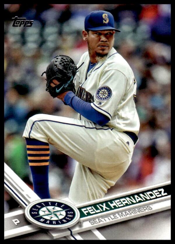 Felix Hernandez pitching on 2017 Topps Series 1 Mariners card #243 front.