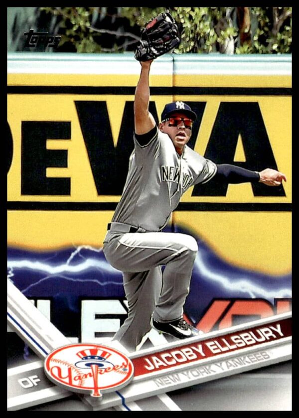 Jacoby Ellsbury 2017 Topps card #197 in Yankees uniform, action shot.