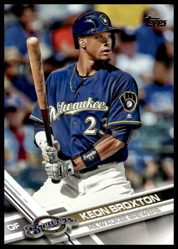 Keon Broxton in-action 2017 Topps card #182, Milwaukee Brewers uniform, Series 1 baseball card.