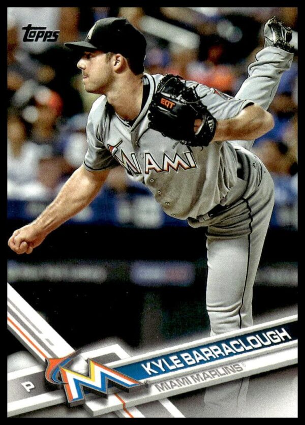 Kyle Barraclough 2017 Topps card #94, Miami Marlins pitcher in action, Series 1.