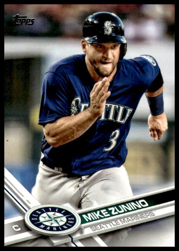 2017 Topps Mike Zunino Baseball Card #343, Seattle Mariners catcher in action.
