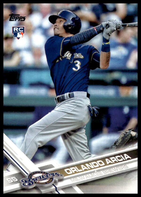Orlando Arcia 2017 Topps rookie card, Milwaukee Brewers action, Series 1 #255.