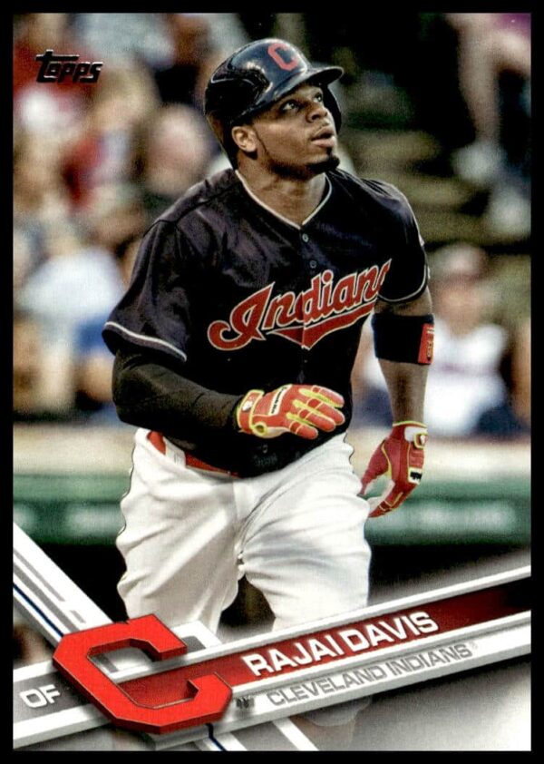 Front of 2017 Topps Series 1 Rajai Davis baseball card, featuring action pose.