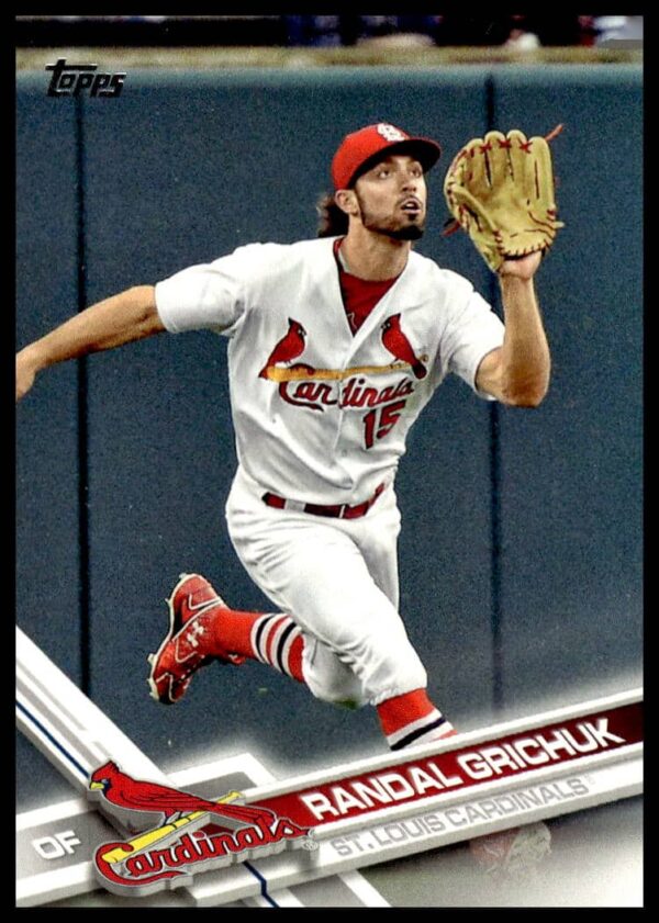 Front view of Randal Grichuks 2017 Topps Series 1 baseball card, St. Louis Cardinals, #132.