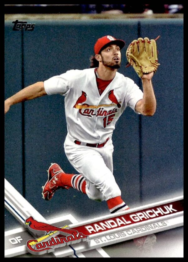 Randal Grichuk 2017 Topps Card #24, mid-action in uniform, Series 1.