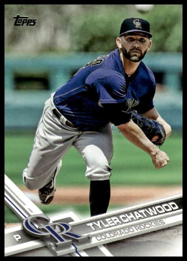 2017 Topps Tyler Chatwood #311 baseball card, Colorado Rockies, mid-pitch, vibrant design.