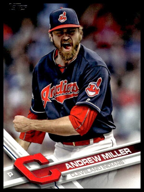 Andrew Miller in mid-pitch, 2017 Topps Series 2 baseball card, Cleveland Indians uniform.