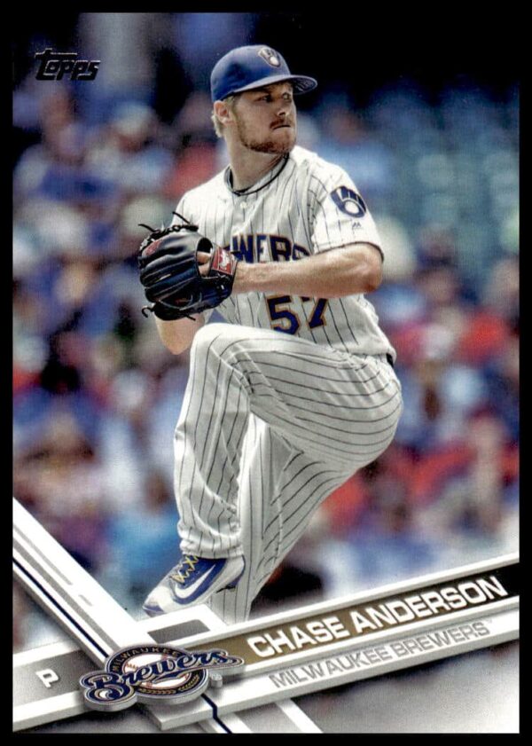 Topps 2017 Series 2 Chase Anderson card #376, Milwaukee Brewers pitcher mid-pitch.