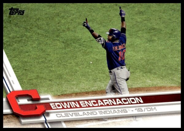 Edwin Encarnacion 2017 Topps baseball card #630, Cleveland Indians, mid-swing action shot.