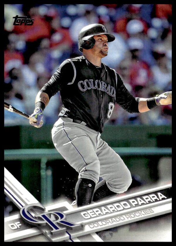 Baseball card of Gerardo Parra, 2017 Topps Series 2, #537, action shot on field.