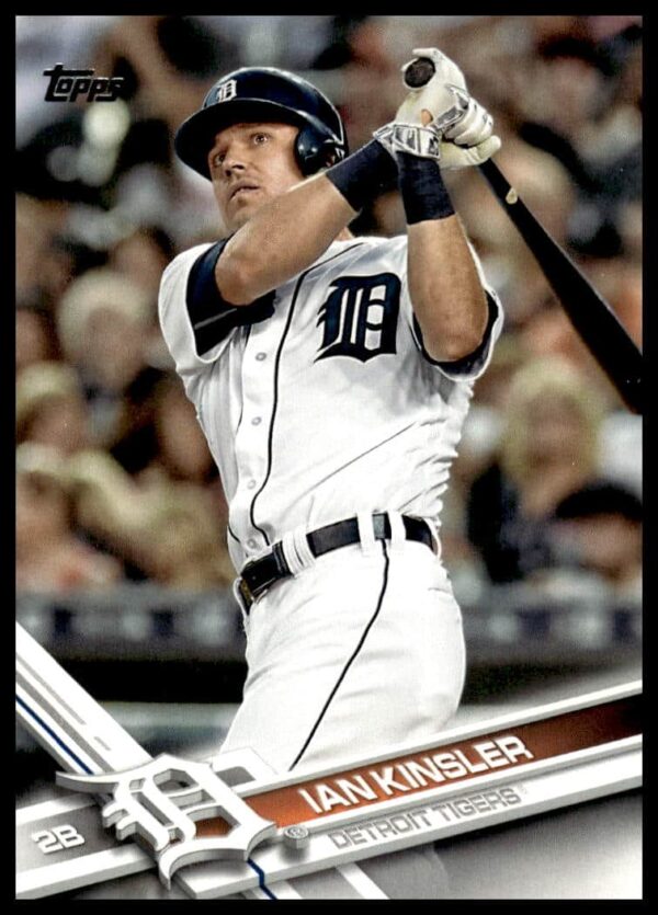 Front of 2017 Topps Series 2 Ian Kinsler #501 baseball card in action pose.