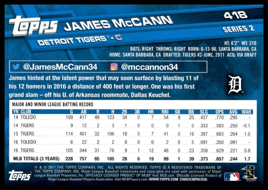 Back of 2017 Topps Series 2 James McCann card, showcasing stats and achievements.