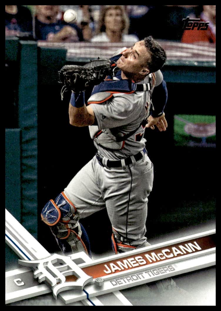 James McCann 2017 Topps Card #418, Detroit Tigers action shot.