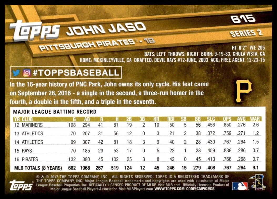 Back of John Jasos 2017 Topps Series 2 baseball card featuring stats and highlights.