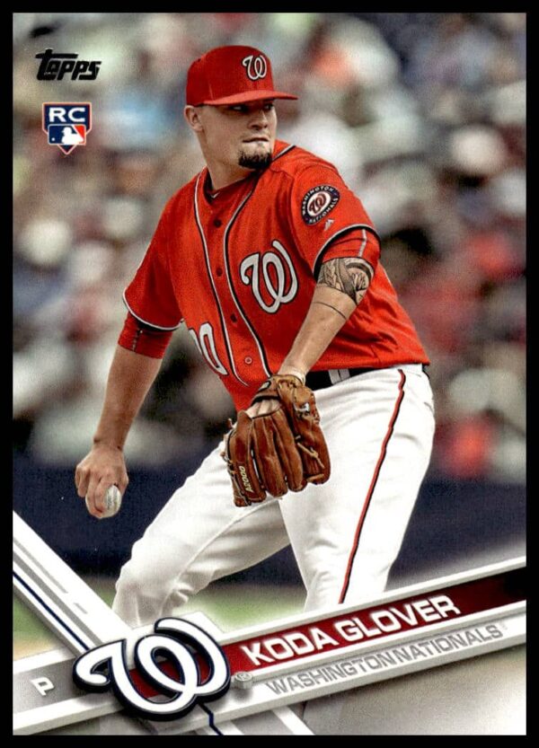 Koda Glover 2017 Topps Series 2 baseball card, #364, in Washington Nationals pitching action.