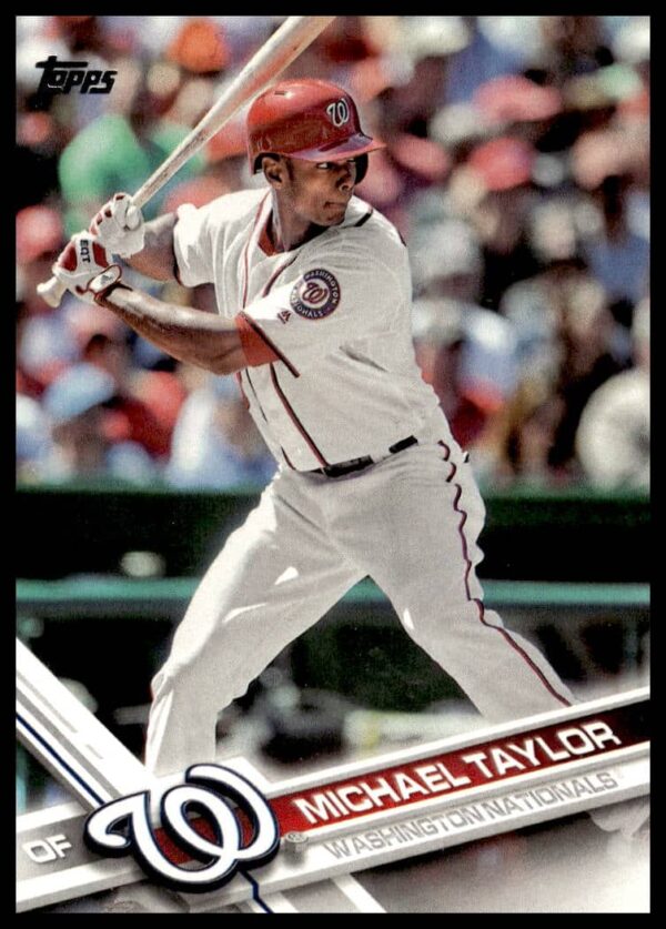 2017 Topps Michael Taylor Baseball Card #598, Nationals Uniform, Mid-Action.