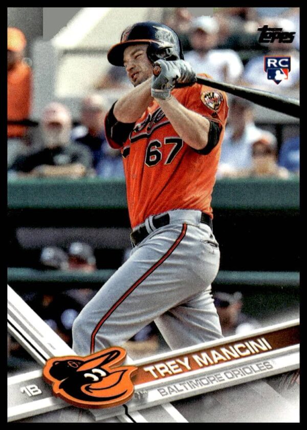 2017 Topps Series 2 baseball card, Trey Mancini in Orioles uniform, #536, front view.
