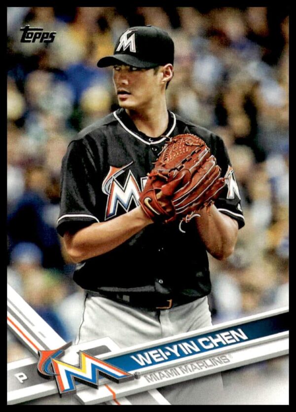 Wei-Yin Chen 2017 Topps Series 2 baseball card showcasing pitching action in Marlins uniform.