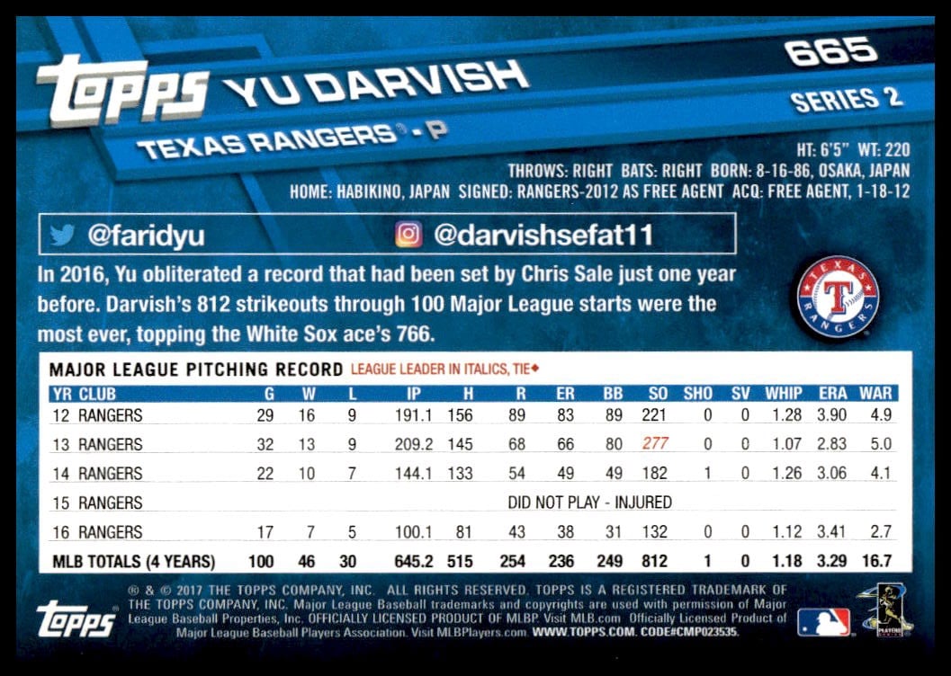 Back of 2017 Topps Series 2 Yu Darvish #665 card with stats and career highlights.