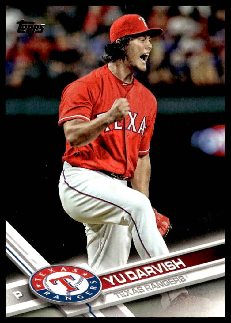 Yu Darvish 2017 Topps Series 2 #665, Texas Rangers, pitching action image.