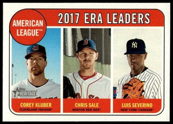 2018 Topps Heritage baseball card featuring 2017 AL ERA leaders Kluber, Sale, Severino.
