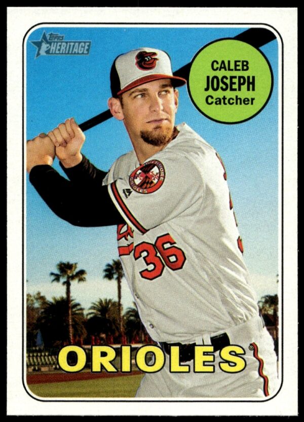 Caleb Joseph 2018 Topps Heritage Card #223 - Vintage Design, Baseball Uniform, Stadium Background.
